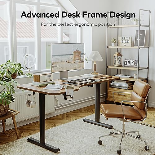 FEZIBO Height Adjustable Electric Standing Desk, 63 x 24 Inches Stand up Table, Sit Stand Home Office Desk with Splice Board, Rusticbrown - WoodArtSupply