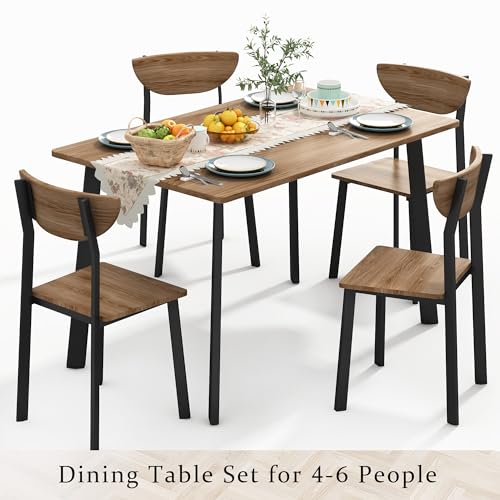 furlinkhm Kitchen Dining Table Set for 4, Modern Rectangular 5 Piece Dining Room Table and Chairs Set, Brown Wooden Metal Table Set for Family Dinner, Party, Afternoon Tea and Work (Curved Mo - WoodArtSupply