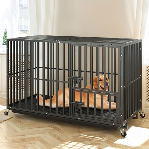 YITAHOME Heavy Duty Indestructible Dog Crate, 47/43/37 inch Escape Proof Dog Cage Kennel with Lockable Wheels, High Anxiety Dog Crate, Extra Large Crate Indoor for XL Large Dog with Removable Tray