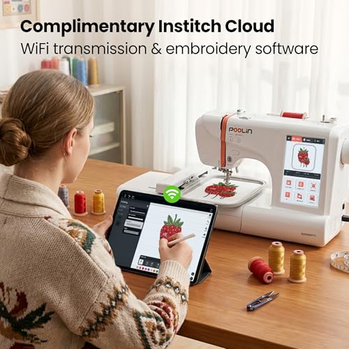 PooLin EOC05(2in1) Sewing and Embroidery Machine 4"x4" & 4"x9.25" Embroidery Size, 130 Built-in Designs 207 Sewing Stitches, 7" Touch Screen with WiFi Transfer, Includes Full Kits & 1-on-1 Training