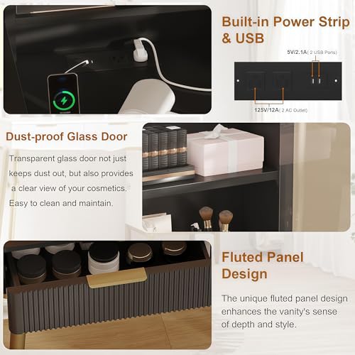 GlowSol Fluted Vanity Desk with Mirror and Lights, Makeup Vanity Desk with HD Mirror, 3 Color Adjustable Lighting, Power Outlet, 5 Drawers & Multi Shelves, Black Dressing Table for Bedroom GlowSol
