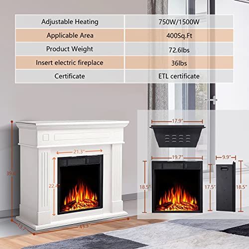 R.W.FLAME 43” Electric Fireplace Mantel Wooden Surround Firebox, TV Stand with Freestanding Electric Fireplace, Remote Control, Adjustable Led Flame, 750W/1500W Pearl White