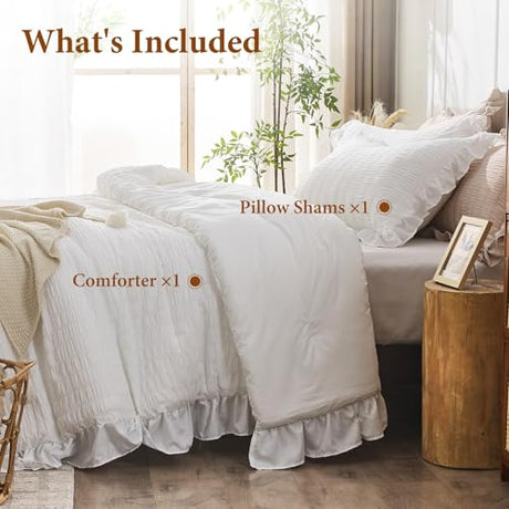 JOLLYVOGUE White Twin Size Comforter Set, 2 Pieces Seersucker Lightweight Fluffy Bedding Set, Twin Ruffle Comforter, All Season Soft Microfiber Shabby Chic Bed Set JOLLYVOGUE