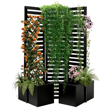 Privacy Screen with Planter Box - 3-Panel Freestanding Outdoor Room Divider, 51x70x31 Inch Metal Garden Fence with 4 Self-Draining Raised Garden Beds for Patio Deck Yard, Black Garvee