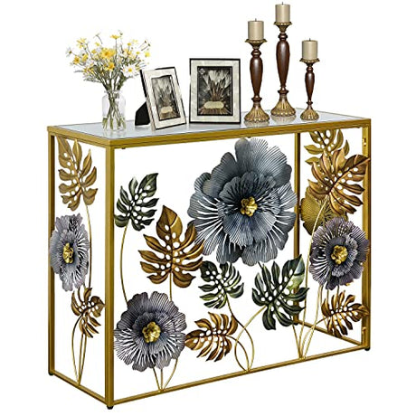 Lewahom Console Table, Vintage Art Sofa Table with Metal Flower Decor, Narrow Entryway Tables with Glass Mirror Tabletop Behind Sofa, Narrow Accent Table for Entryway Living Room Hallway Bedroom Lewahom