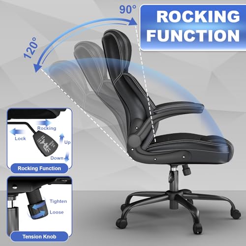 Keratee Executive Office Chair with Lumbar Support, High Back Leather Ergonomic Computer Desk Chairs with Flip-up Arms, 360° Swivel and Height Adjustable, Rocking Function, for Home, Office, Black Keratee