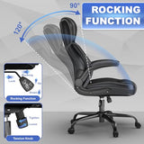 Keratee Executive Office Chair with Lumbar Support, High Back Leather Ergonomic Computer Desk Chairs with Flip-up Arms, 360° Swivel and Height Adjustable, Rocking Function, for Home, Office, Black Keratee