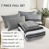 KAKIJUMN 7 Piece Bed in a Bag Stripe Comforter Set Full Size, White Grey Black Patchwork Striped Comforter and Sheet Set, All Season Soft Microfiber Complete Bedding Sets(Grey,Full) KAKIJUMN