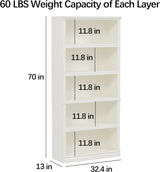Bevfint 70" White 5-Tier Open Storage Bookshelf for Home & Office Bevfint