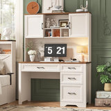 Vabches Farmhouse Executive Desk with 4 Drawers and Storage Cabinet, Rustic Large Home Writing Desk with Hutch, Workstation for Bedroom, White Vabches