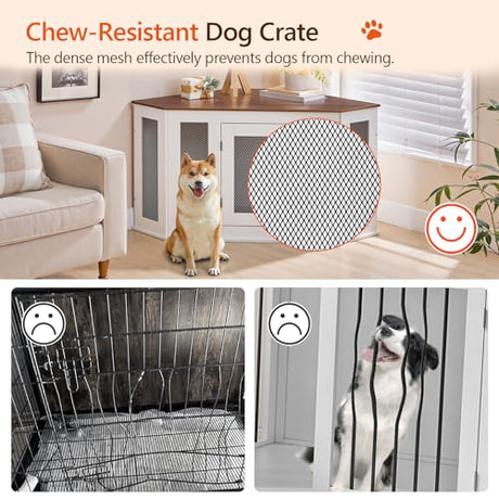 MAHANCRIS Corner Dog Crate Furniture, Wooden Dog Kennel End Table, Decorative Pet Crate Indoor Use, Furniture Style Dog House for Small Medium Dog, Dog Cage TV Stand, White and Walnut DCBA0801 MAHANCRIS