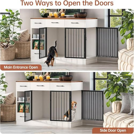 47.2" Dog Crate Furniture with Storage Drawers & Hidden Bowl, Wooden Indoor Kennel with Shelf & 2 Doors, Pet Cage for Small/Medium Dogs LotaTools