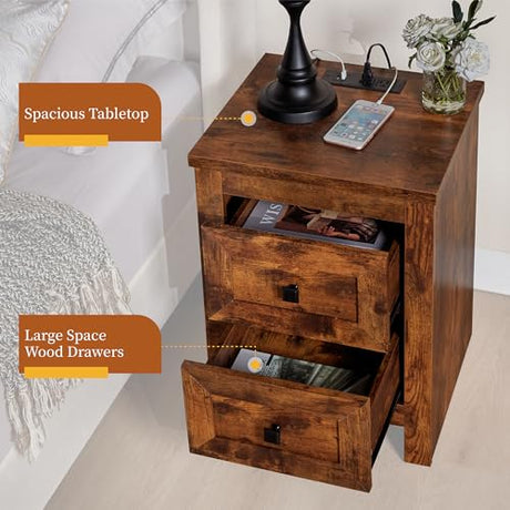AMERLIFE Nightstand Set of 2 with Charging Station, Rustic Bedside Table with Drawers Storage, Farmhouse Wood Night Stand for Bedroom, Living Room, Rustic Brown AMERLIFE