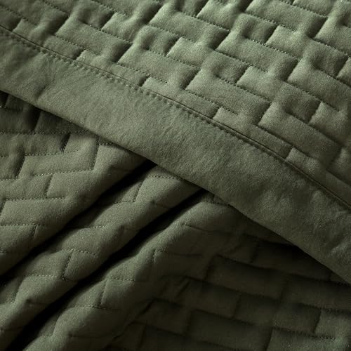 WDCOZY Olive Green King Size Quilt Set, Geometric Box Lightweight Bedspread, Soft Farmhouse Rustic Coverlet, Spring Summer Thin Comforter, Country Bedding, 104x90 inches WDCOZY