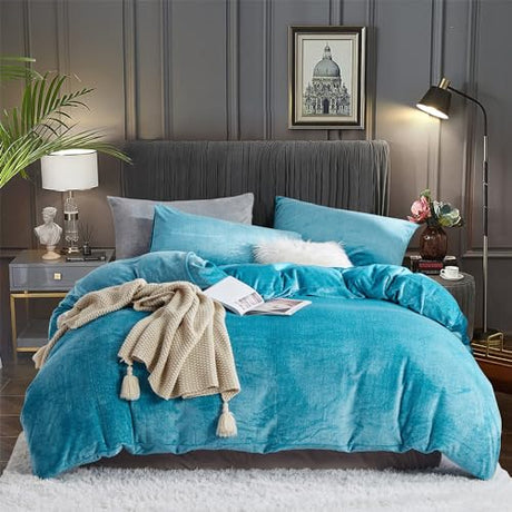 YASMENG Fluffy Velvet Duvet Cover Set Turquoise Blue Queen Size Fall Winter Soft Warm Flannel Comforter Cover Aqua 90" x 90" Luxury Cozy Plush Fleece Full Reversible Bedding Duvet Cover Set 3pcs YASMENG