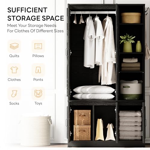 LIKIMIO Armoire Wardrobe Closet 70" H, 5 Doors Bedroom Wooden Wardrobe with 4 Storage Shelves and Hanging Rod, Clothing Storage Cabinet Organizer Combination, Black LIKIMIO
