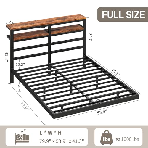 kozfrn Floating Bed Frame Full Size with Storage Headboard,Modern Metal Platform with Smart LED Lights and Charging Station,Metal Slat Support,No Box Spring,Easy Assembly,Noise-Free,Black kozfrn