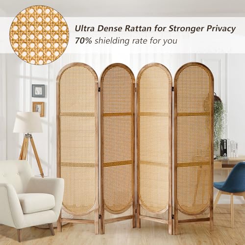 Leesinwing 4 Panels Room Dividers and Hand-Woven Rattan Room Divider Wall, Wood Room Divider Folding Privacy Screens for Home Office Bedroom, Light Brown Leesinwing