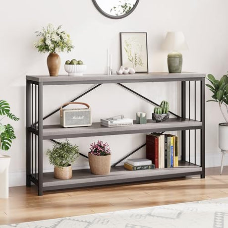 LVB Farmhouse Entryway Table, Metal Wood Console Table for Hallway, Industrial Rustic Sofa Table with 3-Tier Storage Shelf, Modern Entry Table for Foyer Front Home Living Room, Light Grey Oak, 47 inch LVB
