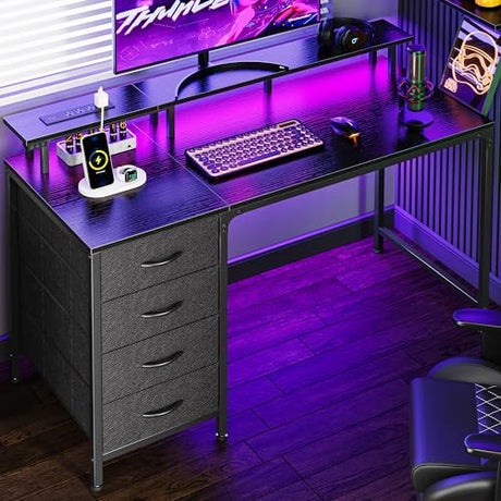 Huuger 47 Inch Computer Desk with Power Outlets and LED Lights, Gaming Desk with 4 Drawers, Office Desk with Monitor Stand, Study Desk Work Desk for Home Office, Small Spaces, Black Huuger