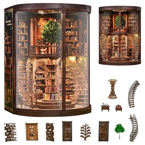 Book Nook Kit for Adults - DIY Miniature Wisdom Library Dollhouse, Book Nook Tiny House Bookshelf Decor Creative 3D Wooden Puzzle, Wooden Adult Craft Kits Gift