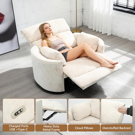450lbs Oversized Power Recliner Chair for Big and Tall Adults, 52" Extra Wide Electric Recliner with USB & Type-C Ports, Chenille Fabric Single Sofa Chair for Living Room & Bedroom, Beige YI DANICA