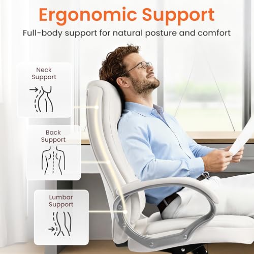 NEO CHAIR Office Desk Ergonomic Gaming Chair High Back Adjustable Computer Chair with Wheels and Lumbar Support Comfy Leather Executive Swivel (White) NEO CHAIR