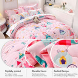 Wajade Kids Pink Princess Comforter Set Bed in A Bag Queen Size 7 Piece Princess Fairy Tales Castle Bedding Set for Girl (1 Comforter, 1 Flat Sheet, 1 Fitted Sheet, 2 Pillowcase and 2 Pillow Sham) Wajade