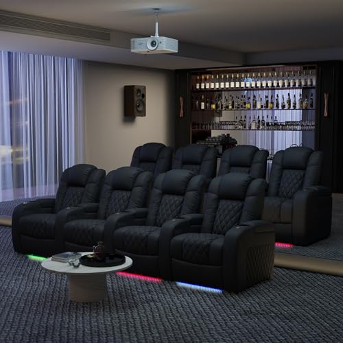 Weilianda Home Theater Seating Top Grain Leather Zero Gravity Recliner Chair Power Headrest Recline Movie Seat Gaming 7 Colors Mood Light Sofa with Tray Table USB Charge Row of 3 Loveseat Right Black Weilianda