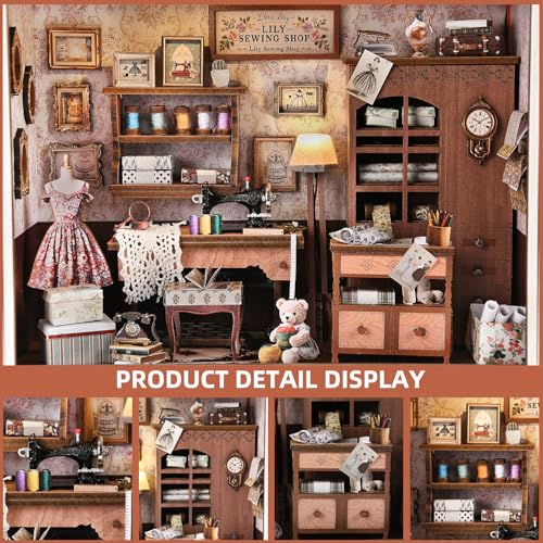 Book Nook Kit - 3D Wooden Puzzle with LED Switch Control & Wall-Mountable Frame，DIY Miniature House for Beginners，Bookshelf/Tabletop/Wall Decor for Craft Lovers，Dollhouse Gift (Lily Sewing Shop)
