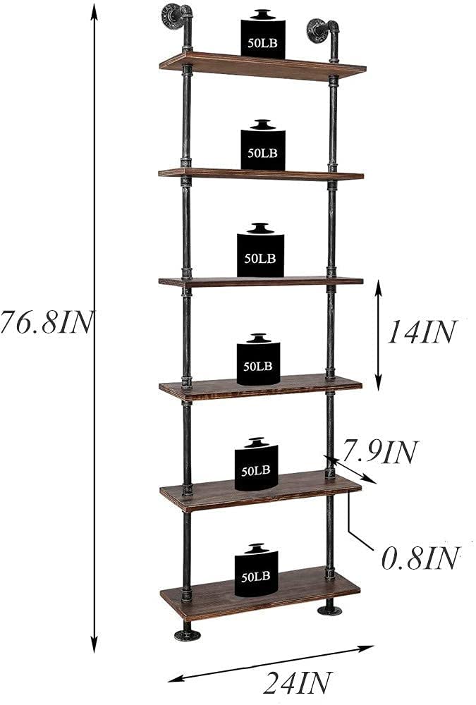 Industrial Pipe Bookshelves Rustic Wall Ladder Bookshelf Display Storage Stand Shelf Bookcase for Living Room, Kitchen, Office (6 Tier) TIEOU