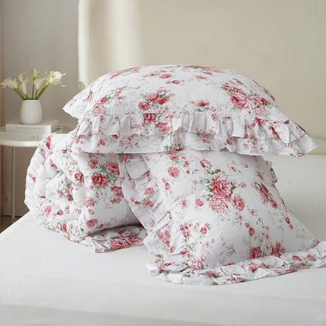 VM VOUGEMARKET Ruffle Comforter Set Twin XL Red Rose Flower Comforter Romantic Floral Bedding Set Soft Microfiber Botanical Bedding Comforter Set 1 Flower Ruffled Comforter with 2 Pillowcases VM VOUGEMARKET