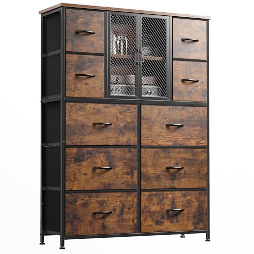 EnHomee Dresser for Bedroom with Mesh Door Tall Dressers & Chests of Drawers with 10 Fabric Drawer Morden Dresser Organizer,Metal Frame,Wood Top,for Closet,Entryway,Rustic Brown 38" Wx11.81 Dx48.1 H