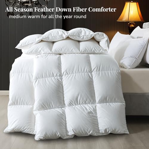 ELNIDO QUEEN® Feather Comforter King Size, Filled with Feather and Downfiber, Luxurious Fluffy Hotel Style White Bedding Comforter, 100% Cotton Duvet Insert Medium Warmth for All Season, 106x90 Inch ELNIDO QUEEN
