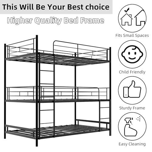 Detachable Triple Bunk Bed, Twin Over Twin Bunk Beds for Kids/Teens/Adults, Heavy Duty Metal Bunkbed Frame with Safe Guardrails & 2 Ladder, Convertible 3 Twin Beds for Dorm, Bedroom, Guest Room TBCOPTO