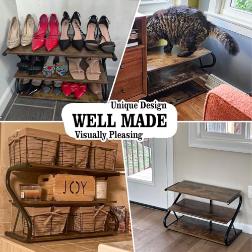 Aroktake 3-Tier Shoe Rack, Wooden Shoe Storage with S Shape Heavy Duty Metal Free Standing, Shoe Organizer Shelf for Entryway, Living Room, Closet, Bedroom (Rustic) Aroktake