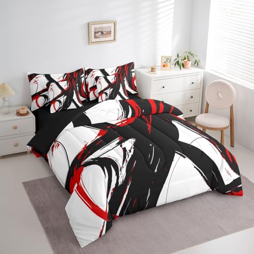 Feelyou Abstract Art 7 Piece Bedding Set Queen Size Kids Red Black Modern Geometric Print Bed in a Bag for Boys Girls Teens Minimalist Ink Line Comforter Set with Sheets Soft Microfiber Feelyou