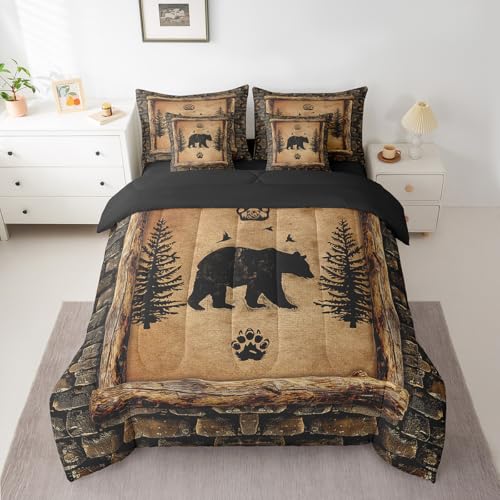 Feelyou Kids Rustic Bear 7 Piece Bedding Set King Size Farmhouse Forest Animal Black Bear Comforter Set with Sheets Boys Girls Hunting Country Brown Bed in a Bag Feelyou