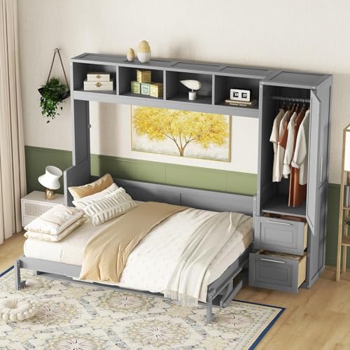 MERITLINE Queen Murphy Bed with Wardrobe Closet,2 Drawer,4 Storage Open Shelves,Wood Folding Murphy Wall Bed Cabinet (Grey) MERITLINE
