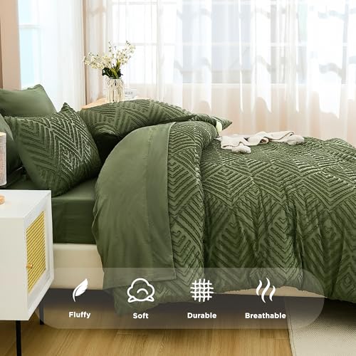 Andency King Size Comforter Set Olive Green - 7 Pieces Bed in a Bag King Boho Olive Green Bedding Comforter Sets, Tufted Bed Set with Comforter, Sheets, Pillowcases & Shams