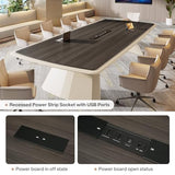Tribesigns 7.87 ft Extra Long Conference Table for 10-12 People, Large Business Rectangle Meeting Seminar Table with Stainless Steel Base & Recessed Power Strip Socket, Gray + Khaki Tribesigns