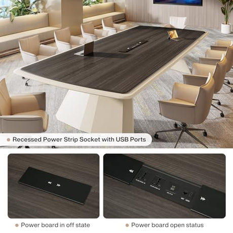 Tribesigns 7.87 ft Extra Long Conference Table for 10-12 People, Large Business Rectangle Meeting Seminar Table with Stainless Steel Base & Recessed Power Strip Socket, Gray + Khaki Tribesigns