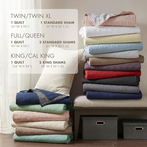 Madison Park Quebec Quilt Set - Luxurious Damask Stitching Design, Cotton Filled Lightweight Coverlet Bedspread Bedding, Shams, Full/Queen(90"x90"), Mocha 3 Piece Madison Park