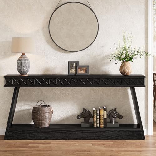 Tribesigns 70.9 Inch Long Console Table for Entryway, 2-Tier Farmhouse Entryway Table with Storage, Narrow Sofa Table Behind The Couch, Wood Accent Table for Hallway, Living Room, Foyer, Black Tribesigns