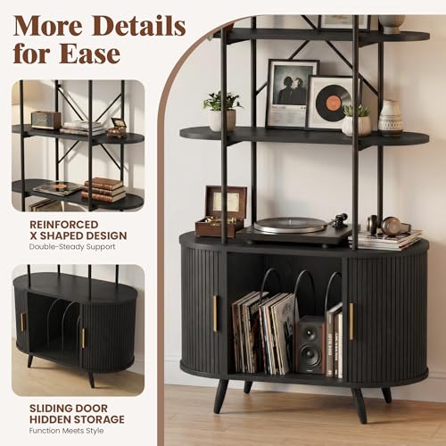Tall Vinyl Record Player Stand, 4 Tier Arched Bookshelf with Sliding Doors, Retro Small Record Storage Cabinet, Fluted Media Display Shelf, Mid Century Modern Turntable Stand for Living Room, Black Quelthar