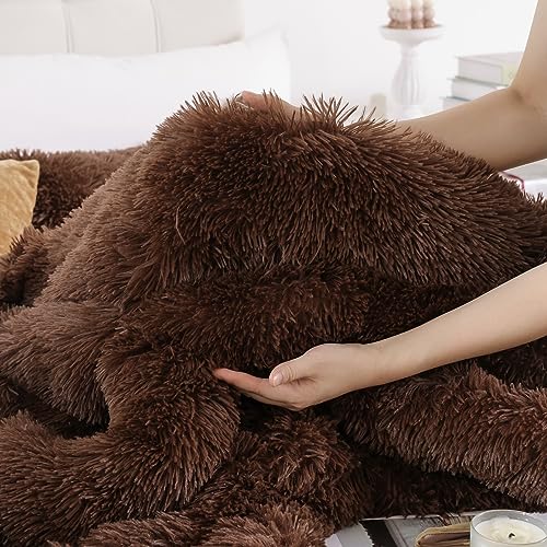 Smoofy Fluffy Queen Comforter Set, Faux Fur Comforter Set Queen Size, Luxury Fuzzy Bedding Set, Soft Shaggy Bed Set for All Season, 3 Pieces - 1 Comforter & 2 Pillowcases, Coffee Smoofy