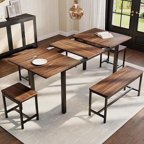 IDEALHOUSE 5-Piece Extendable Dining Table Set for 4-8 People, 63 Inch Kitchen Table with 2 Benches & 2 Stools, Space Saving Modern Dining Room Furniture, Easy Assembly, Brown IDEALHOUSE