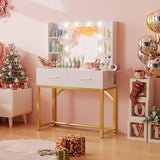Furmax Vanity Desk with Mirror and LED Light Bulb, Small Makeup Vanity Table with Drawers, Dressing Table with Power Outlet and Hair Drayer Holder for Bedroom (White & Gold) Furmax