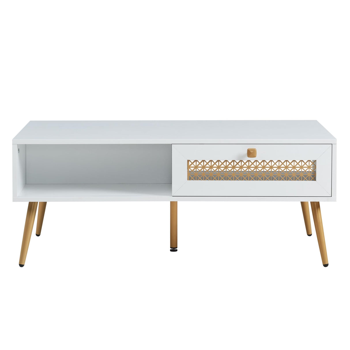 Wooden Mid Century Modern Coffee Table, Retangle Coffee Table with Sliding Door for Living Room, White KACVON