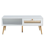 Wooden Mid Century Modern Coffee Table, Retangle Coffee Table with Sliding Door for Living Room, White KACVON